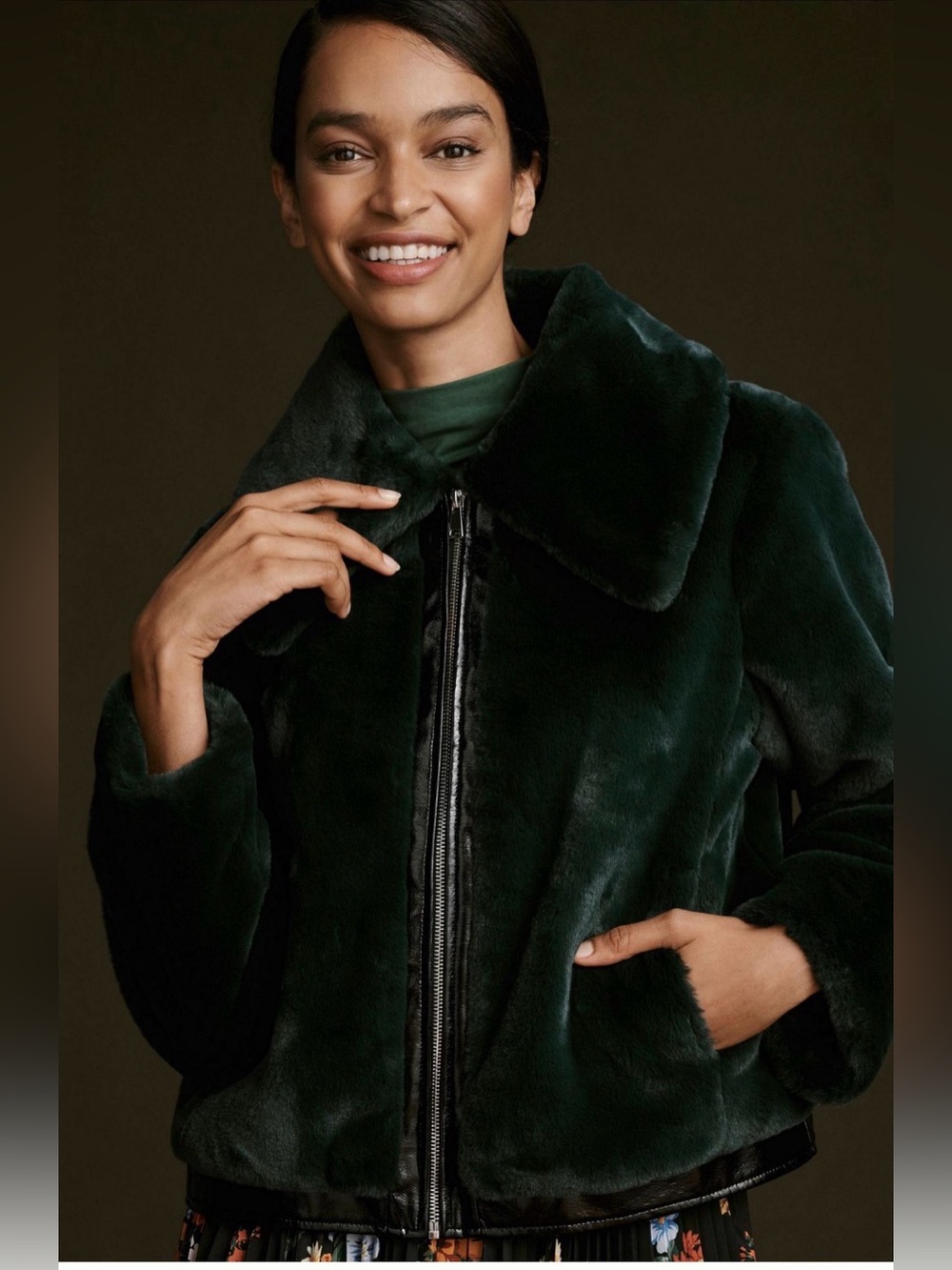 MAEVE ANTHROPOLOGIE Dark Green Faux Fur Zip Up Jacket Emerald Green Fake Fur